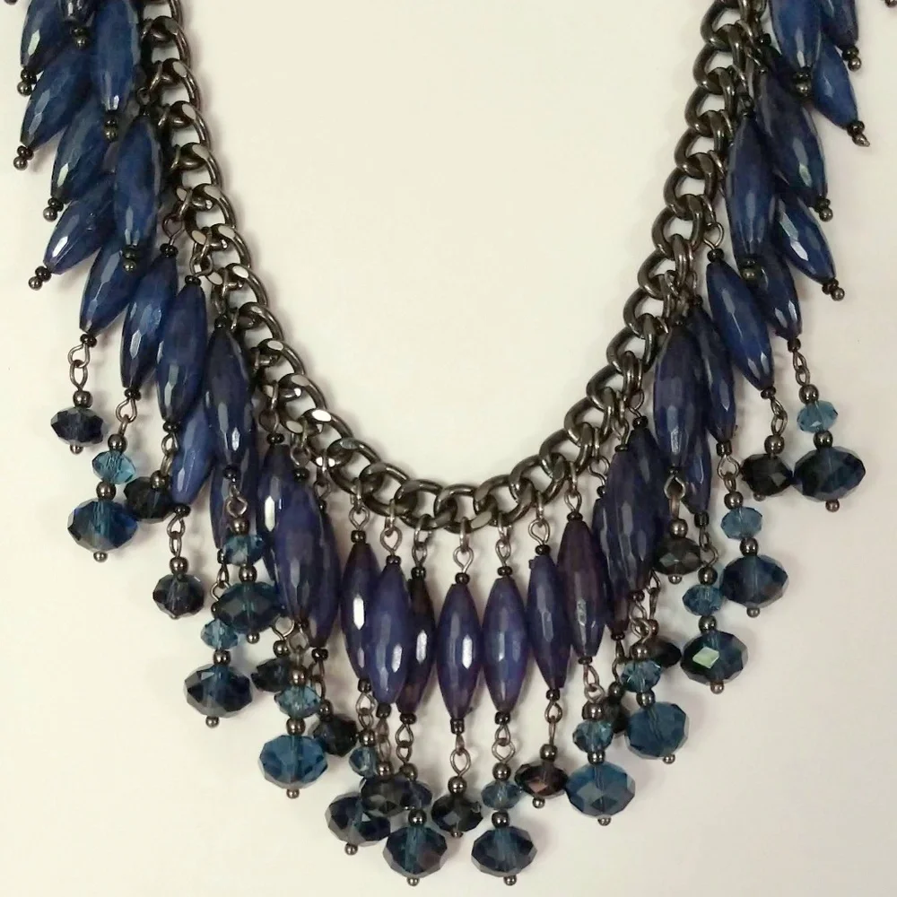 Dark blue beaded fringe tassel statement necklace